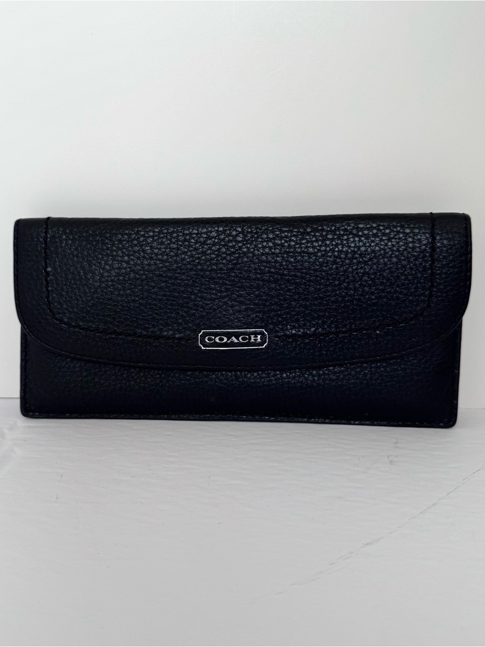 COACH Black Pebbled Leather Flap Continental Wallet with Metal Logo
